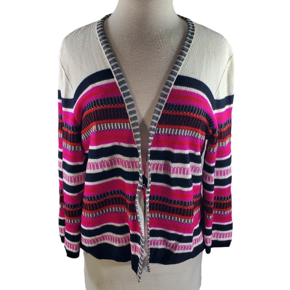 St John Cardigan Sweater 3/4 Sleeve Striped Viscose Wool Cashmere Size Large - Picture 2 of 9